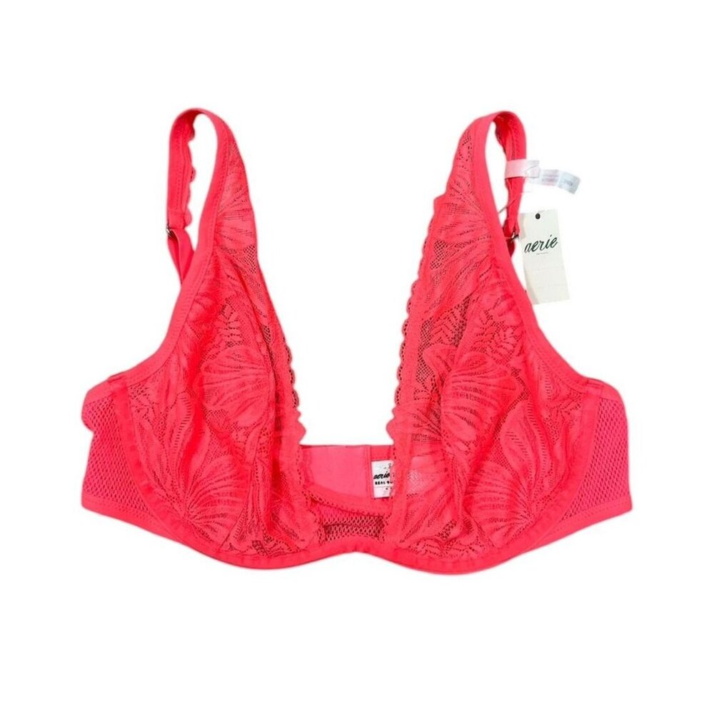 Aerie NWT Neon Pink Lace Plunge Bralette Sheer Lingerie 34D